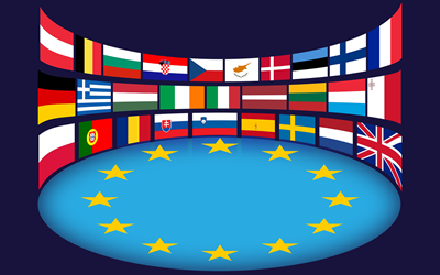 Banderas que configuran la Unión Europea.